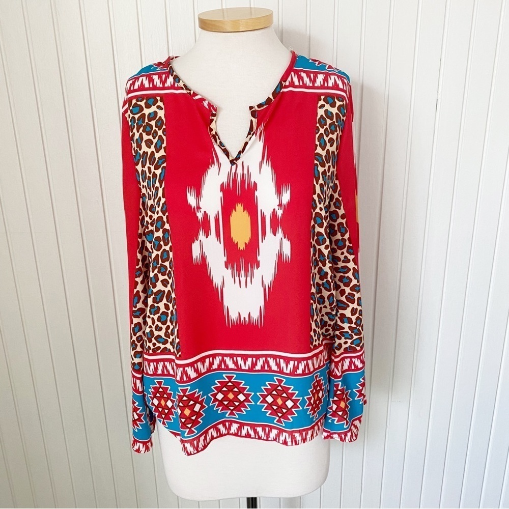 NWT Peach Love California Top Blouse Bell Sleeves Leopard Animal Print Medium